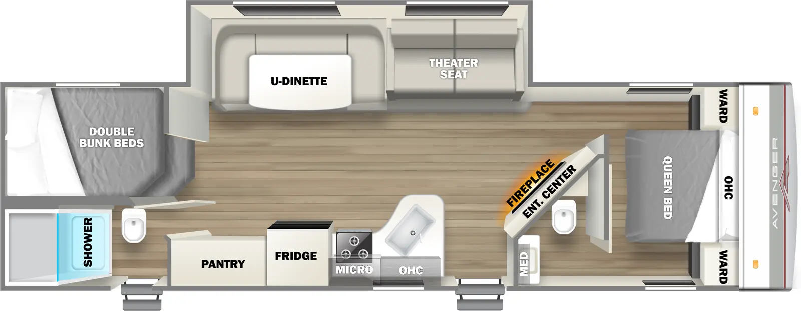 The 28DBS has two entries and one slideout. Interior layout front to back: foot facing queen bed with overhead cabinet and wardrobes on each side; door side half bathroom with medicine cabinet; angled entertainment center with fireplace below along inner wall; off-door side slideout with theater seat and u-dinette; door side entry, peninsula kitchen counter with sink, overhead cabinet, microwave, cooktop, refrigerator, and pantry; rear off-door side double bunk beds; rear door side bathroom with shower and toilet only, and second entry.